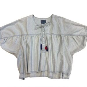 Lucky Brand Blue Chambray Peasant Top L Boho Tassel Button Front Shirred Denim